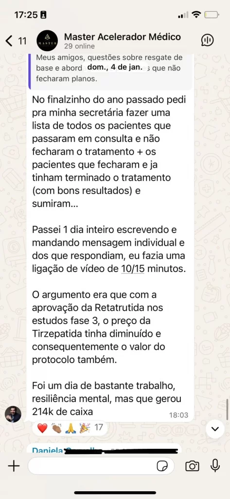 Mensagem de participante relatando aprovação de protocolo e aumento de retorno