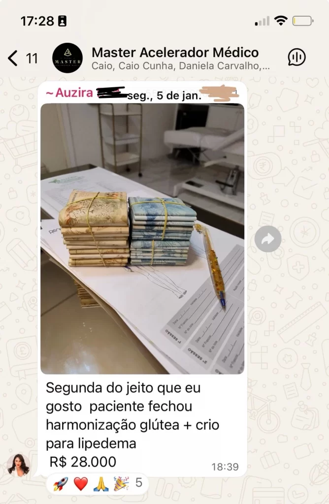 Mensagem de participante relatando fechamento de pacote de R$ 28.000