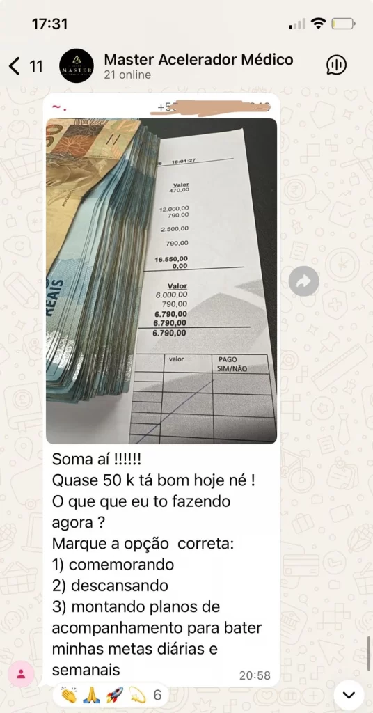 Mensagem de participante comemorando quase R$ 50 mil no dia