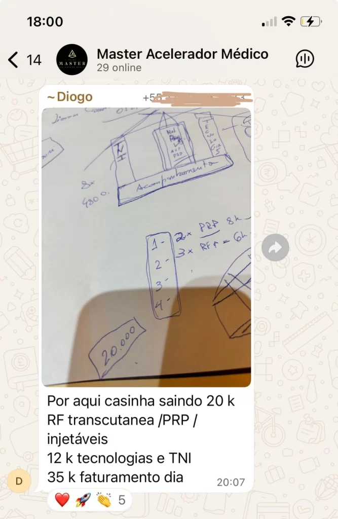 Mensagem de participante relatando R$ 35 mil de faturamento no dia